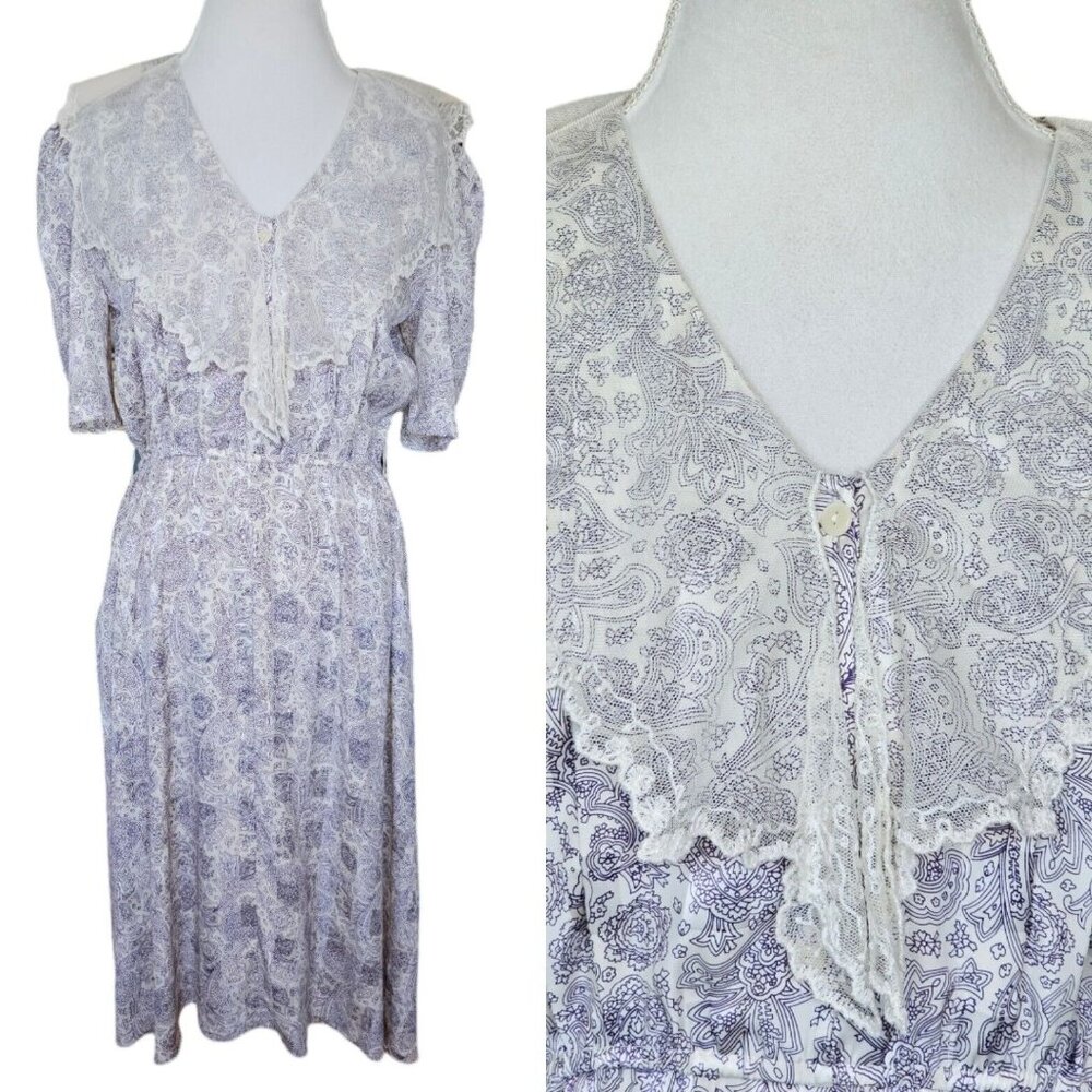 70s 80s Paisley‎ Midi Dress W Lace Exaggerated Collar Medium 8 10 Cottage Core